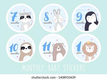 A set of stickers for a newborn boy from 7 to 1 year. Stickers with a pattern of cute animals: racoon, bunny, penguin, sloth, bear, lion. Set in blue.