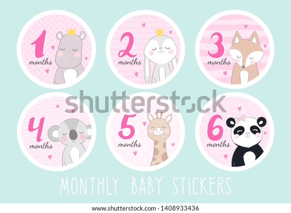 Set of stickers for a newborn girl from 1 to\
6 months. Stickers with pictures of cute animals: hippo, bunny,\
fox, koala, giraffe, panda. Set in\
pink.