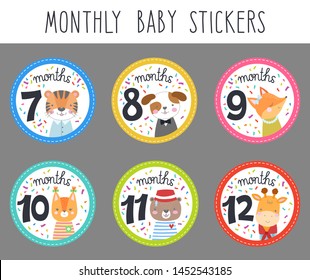 A set of stickers for a newborn unisex from 7 to 12 months. Stickers with cute animals in clothes: tiger, dog, fox, squirrel, bear, giraffe. Vector illustration of a baby shower.