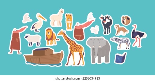 Set of Stickers Noah Character with Ark and Saved Domestic and Wild Animals. Exotic Animals and Birds, Herbivores and Carnivores Isolated Patches on Blue Background. Cartoon Vector Illustration