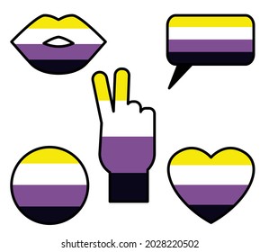 Set of stickers with Non-binary flag. Heart, lips, message, hand and circle. Flat style icons for print.