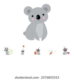 Set of stickers for notes and bookmarks With koala. Happy holidays. Notes for school, university and office.