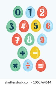 Set of stickers with numbers, drawning on the different colors eggs. Division sign, multiplication, plus, equals. Math collection for education