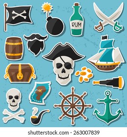 Set of stickers and objects on pirate theme.