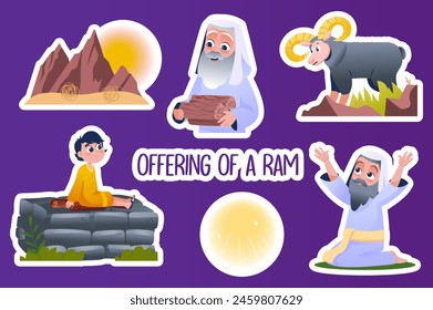 Set of stickers Offering of a ram in flat cartoon design. Abraham and Isaac prepare to sacrifice a ram in this image. Vector illustration.