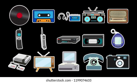 Set of stickers of old retro vintage antique hipster mobile phones, tv, audio recorder, player, audio tape, video tape, video recorder, game console, camera, computer, radio. Vector illustration.
