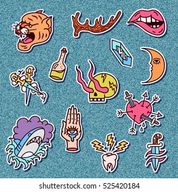 Set of stickers with old school tattoo element. Vector trendy illustration.  Fashion pin badges on denim background.