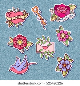 Set Of Stickers With Old School Tattoo Element. Vector Trendy Illustration.  Fashion Pin Badges On Denim Background.