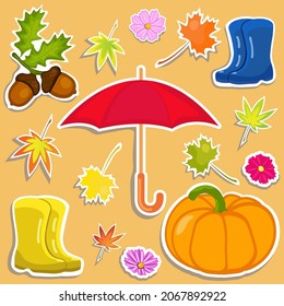 A set of stickers on the autumn theme: umbrella, rubber boots, acorns, cosmos flowers, pumpkin, autumn leaves