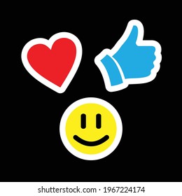 Set of stickers on a black background. Like. Heart and smile.