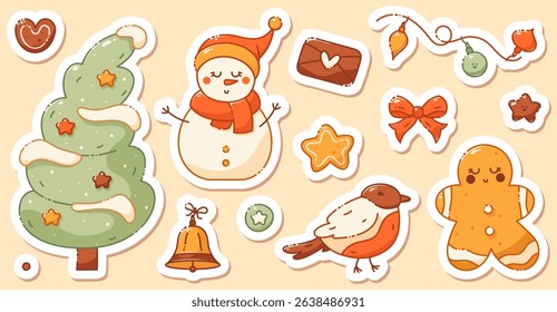 A set of stickers on a Christmas theme. Includes a cute snowman, xmas tree, bird, star, cookie, bell, envelope with a heart.