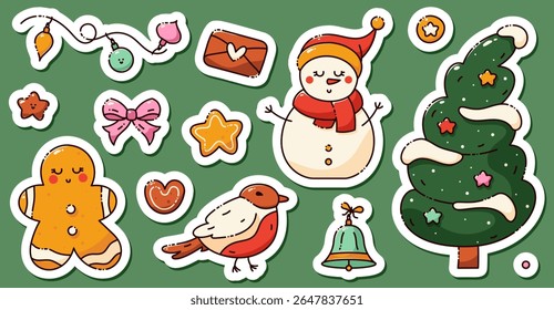 A set of stickers on a Christmas theme. Includes a cute snowman, xmas tree, bird, star, cookie, bell, envelope with a heart drawing in bright color.