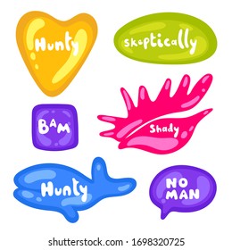 Set of stickers on different shapes. Collection of vector multicolored glossy stickers on white background. Teens millenials culture. Cool expression, slang, comics, gaming style, web, speech bubbles