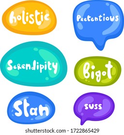 Set of stickers on different shapes. Collection of vector multicolored glossy stickers on white background. Teens millenials culture. Cool expression, slang, comics, gaming style, web, speech bubbles