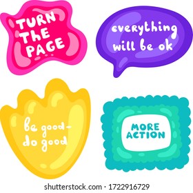 Set of stickers on different shapes. Collection of vector multicolored glossy stickers on white background. Teens millenials culture. Cool expression, slang, comics, gaming style, web, speech bubbles