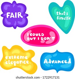 Set of stickers on different shapes. Collection of vector multicolored glossy stickers on white background. Teens millenials culture. Cool expression, slang, comics, gaming style, web, speech bubbles