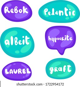 Set of stickers on different shapes. Collection of vector multicolored glossy stickers on white background. Teens millenials culture. Cool expression, slang, comics, gaming style, web, speech bubbles