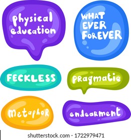 Set of stickers on different shapes. Collection of vector multicolored glossy stickers on white background. Teens millenials culture. Cool expression, slang, comics, gaming style, web, speech bubbles