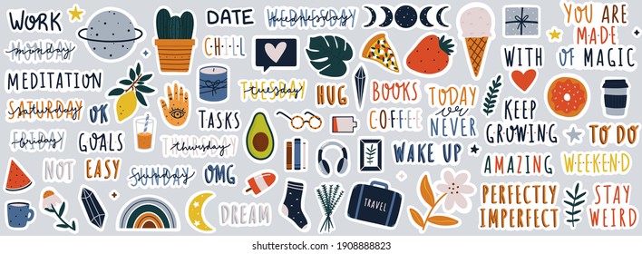 Set of stickers on different topics for daily planner or bullet journaling. Hand drawn doodles and handwritten modern lettering and quotes vector illustrations.