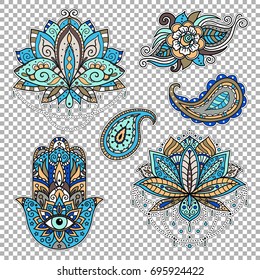 A set of stickers on the eastern theme - lotus, paisley, hamsa. Vector illustration.