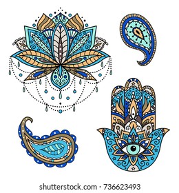 A set of stickers on the eastern theme - lotus, paisley, hamsa. Vector illustration.