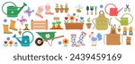 Set of stickers on garden theme: apron, watering can, seedlings, tools, beds with carrots, garden cart on wheels, birds, chicken, flower pots. Vector illustration of elements for country farm.