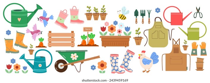 Set of stickers on garden theme: apron, watering can, seedlings, tools, beds with carrots, garden cart on wheels, birds, chicken, flower pots. Vector illustration of elements for country farm.