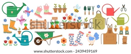 Set of stickers on garden theme: apron, watering can, seedlings, tools, beds with carrots, garden cart on wheels, birds, chicken, flower pots. Vector illustration of elements for country farm.