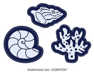 A set of stickers on a marine theme. Two shells, coral
