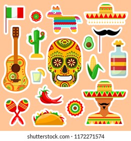 Set of stickers on Mexican subject on orange background