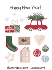 
set of stickers on the New Year's theme. winter prints for design. isolated vector elements on white background. gift sock, home, gifts, envelope, festive gingerbread.