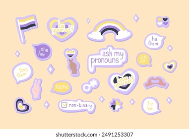  Set of stickers on non-binary in cartoon style