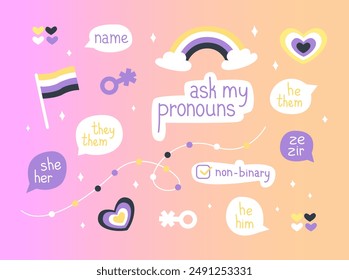  Set of stickers on non-binary in cartoon style