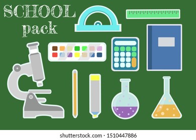 Set of stickers on the school theme with elements of school supplies and stationery. Vector illustration.