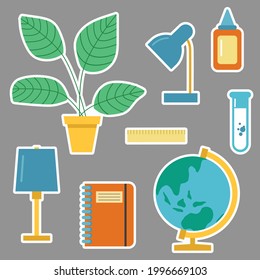 A set of stickers on the school theme. Globe, notebook, ruler, lamp, houseplant, glue, flask.