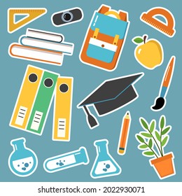 Set of stickers on the school theme. Pencil, brush, backpack, beakers, books, folders, webcam, ruler, houseplant, Graduate cap.	
