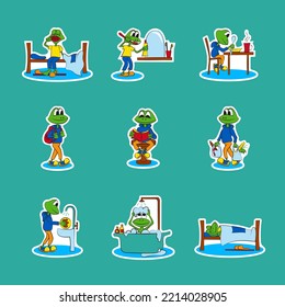 Set of stickers on the theme of daily planning of the daily routine of schoolchild. The baby frog performs various tasks during the day. Bright vector illustration.