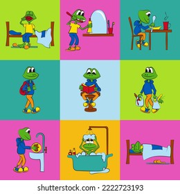 Set of stickers on the theme of daily planning of the daily routine of schoolchild. The baby frog performs various tasks during the day. Bright vector illustration.