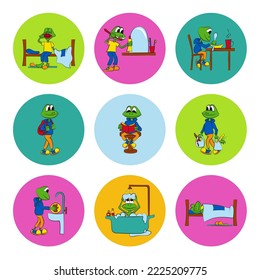 Set of stickers on the theme of daily planning of the daily routine of schoolchild. The baby frog performs various tasks during the day. Bright vector illustration.
