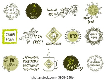 Set stickers on the theme of ecology, healthy food and vegetarian food for your products, advertising and design