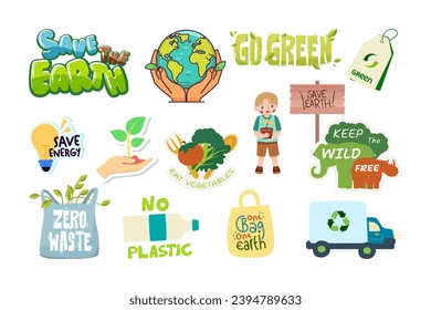 A set of stickers on the theme of environmental protection. Cartoon flat vector illustrations isolated on white background.