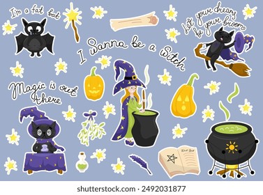 A set of stickers on the theme of Halloween and witchcraft. Magic cats and bats, pumpkins and more.