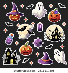 Set of stickers on the theme of Halloween on a dark background