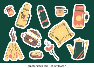 set of stickers on theme of hiking picnic in nature, with thermoses and food, outline for printing