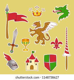 A set of stickers on the theme of knighthood, including a crown, a sword, a griffin, a flag, a castle, a dragon, a heraldic lily, a shield, a helmet, a pike.
