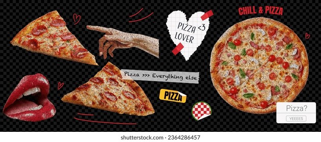 A set of stickers on the theme of loving pizza. Trendy collage elements with torn paper and scotch tape and hand and mouth. On transparent background. Modern illustration  