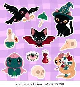 A set with stickers on the theme of magic, wizardry and Halloween. Vector stickers with magical characters - a cat, a crow, a frog, a snake, a bat and magical objects - a potion, a skull, mushrooms.