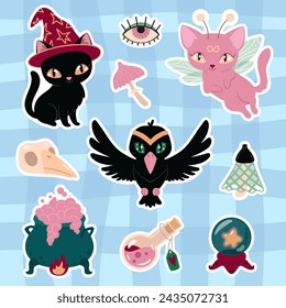 A set with stickers on the theme of magic, wizardry and Halloween. Vector stickers with magical characters - a cat, a crow and magical objects - potion, skull, mushrooms.