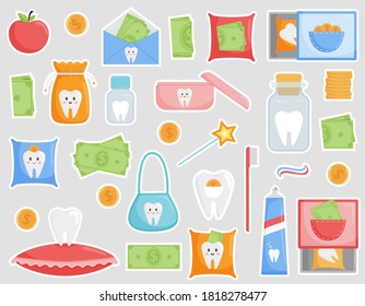 Set of stickers on the theme of tooth loss and children's dentistry. Bags, boxes, jars for the tooth fairy. Money, coins for a lost tooth. The design elements in funny cartoon style.Isolated on white