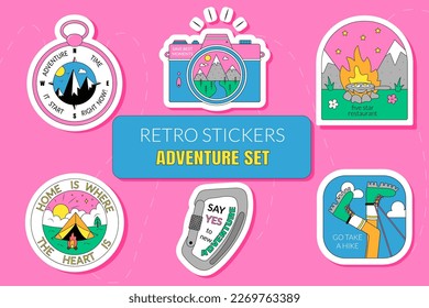 Set of Stickers on the Theme of Travel Adventure Hiking Trekking in Retro Style